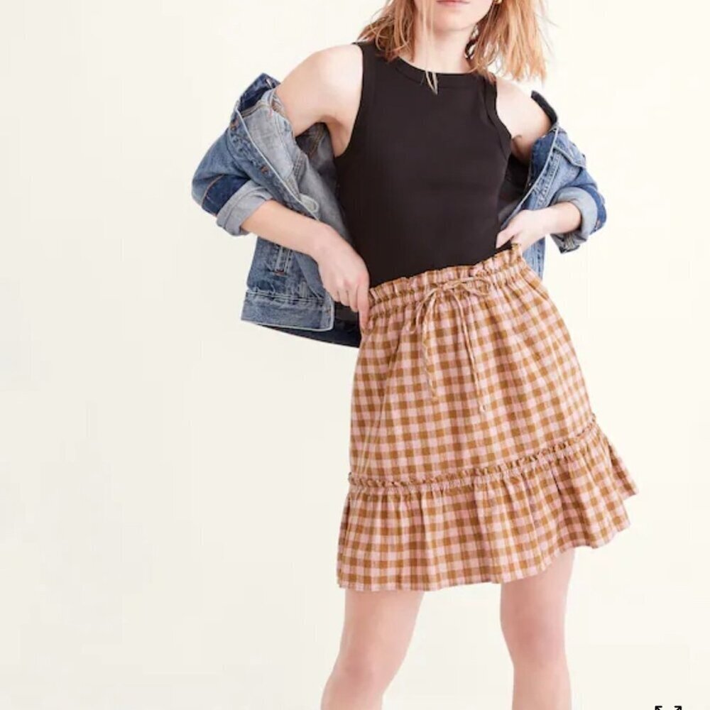 NWT Madewell Pull On Ruffled Tiered Mini Skirt Gingham Seersucker Women's Small